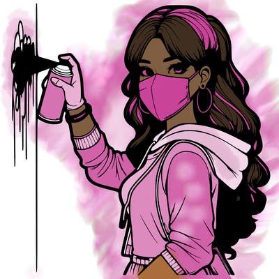 realistic girl with mask spray painting a wall