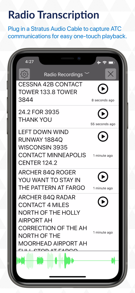 Interface of the Stratus Horizon Pro app showing a list of transcribed ATC radio communications with play buttons for audio playback.
