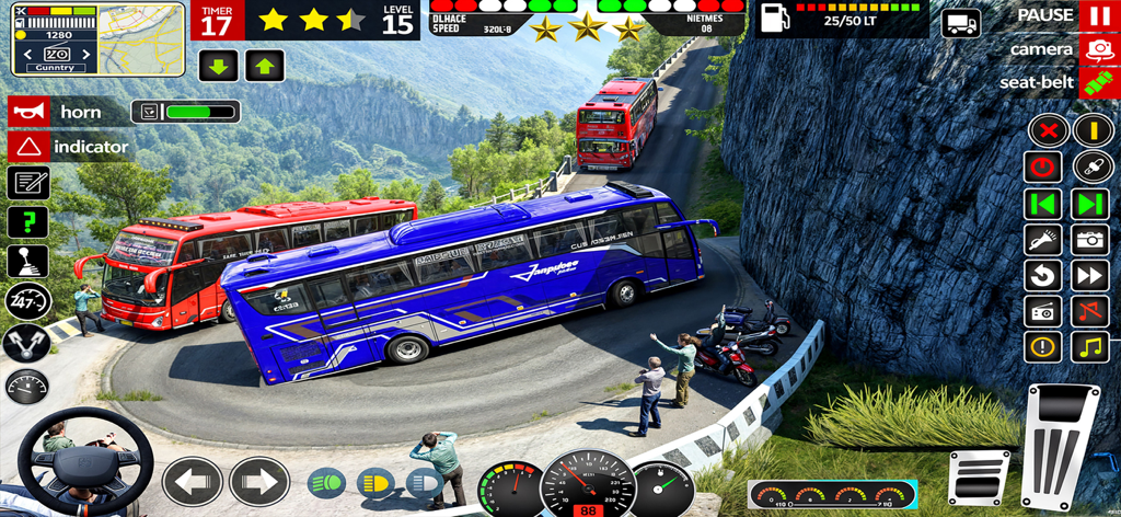 Public Bus Simulator Game 2025 - A blue bus navigating a sharp mountain turn in the Public Bus Simulator Game 2025 gameplay