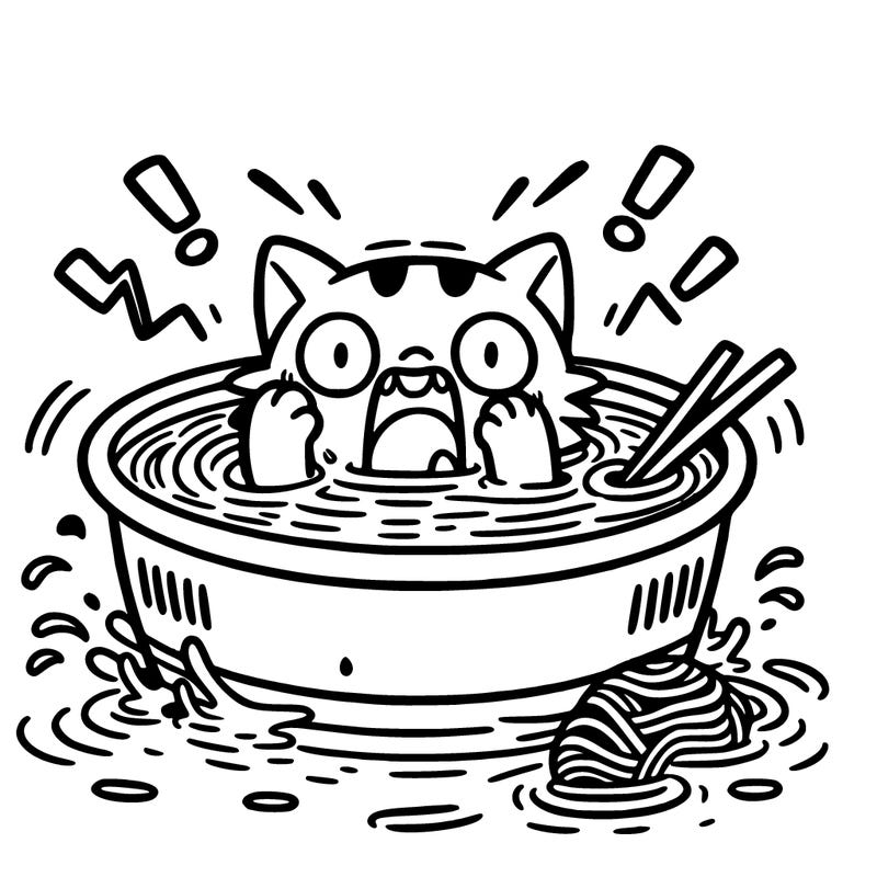 cat in water freaking out because of a waking ramen