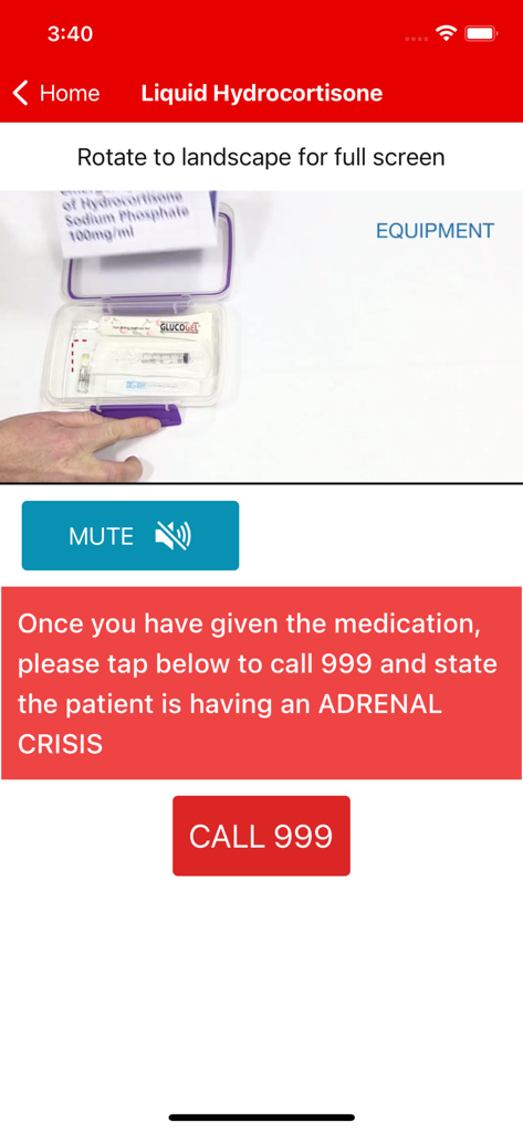 My Cortisol - Interface of the My Cortisol app showing a video tutorial for liquid hydrocortisone and a red button to call emergency services during an adrenal crisis