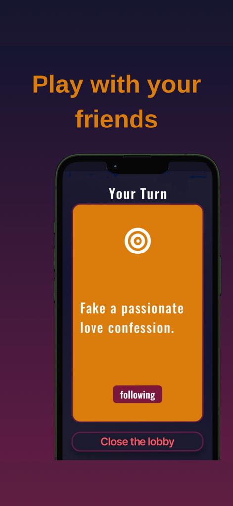 NightPlay - NightPlay app screen showing a party game dare to fake a passionate love confession