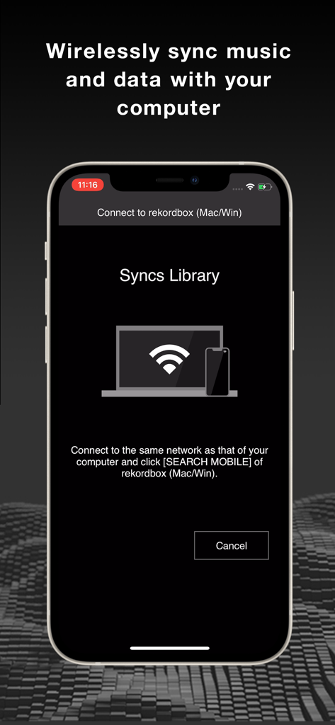 Rekordbox app interface showing the wireless library sync feature between a smartphone and a computer
