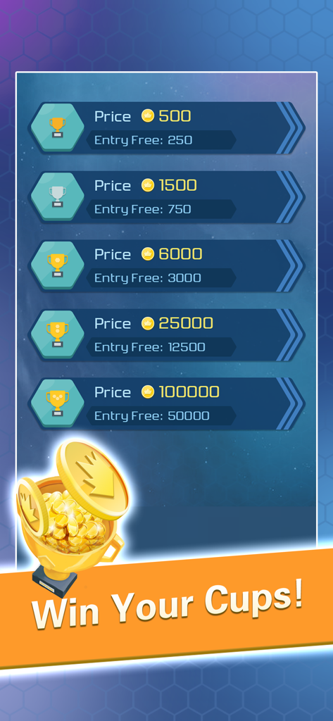 Pantalla de torneo multijugador que muestra varios niveles de copas y recompensas de monedas en 2048 Hexa Puzzle