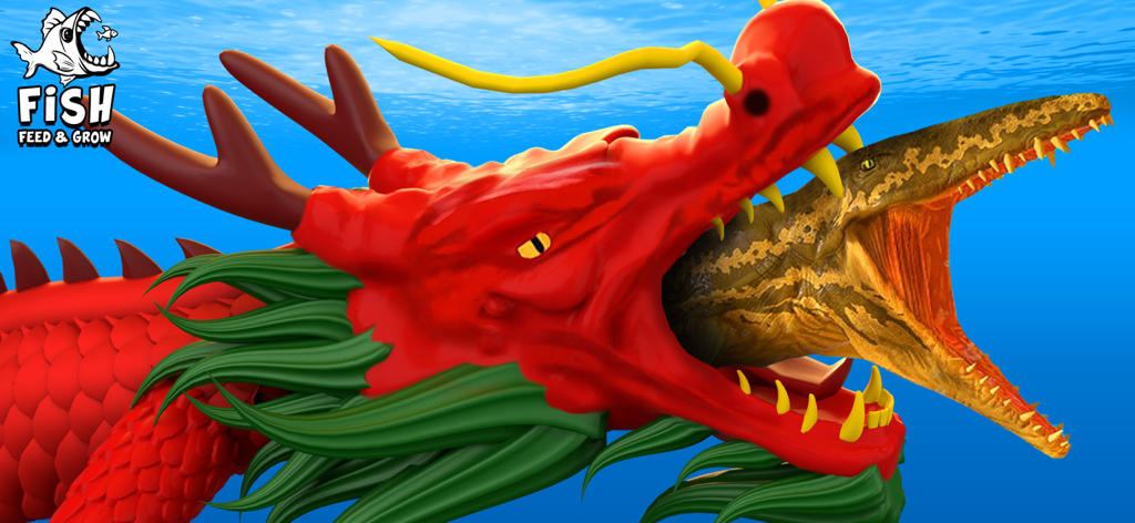 3D Fish Feeding and Grow - A red dragon sea monster swallowing a large aquatic creature in a 3D underwater simulation game