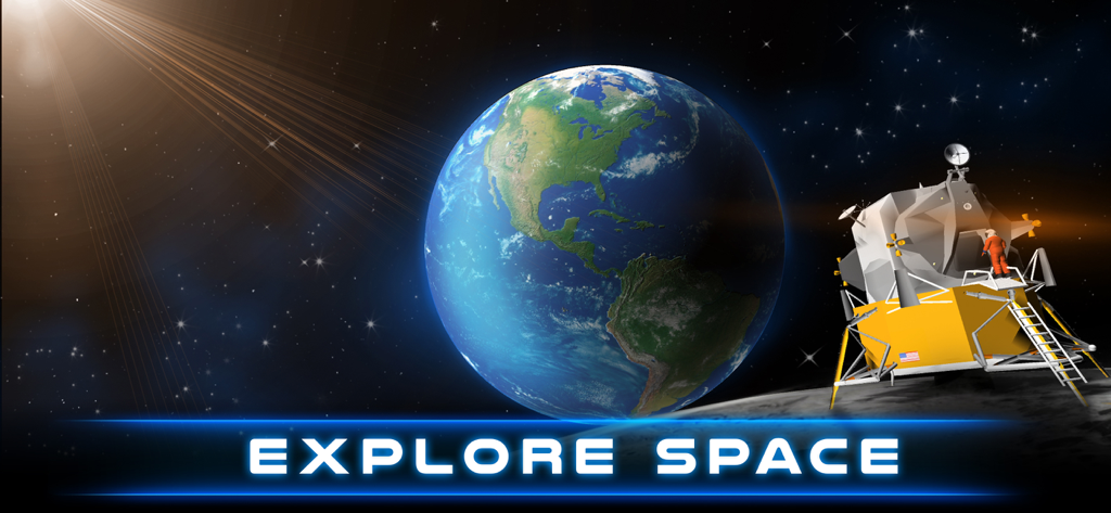 Astronaut und Mondlandefähre auf dem Mond mit der Erde im Hintergrund