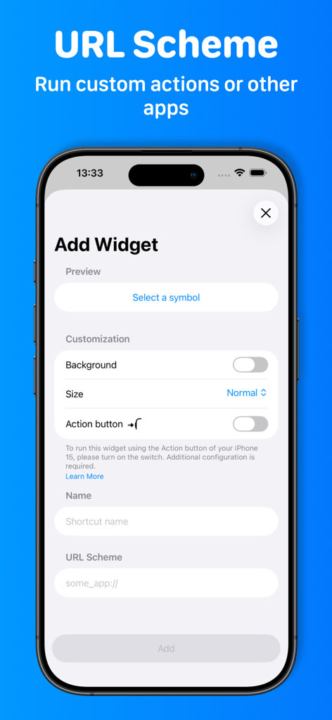 Lock Launcher Widgets LockFlow - iPhone screen showing the LockFlow interface to add a widget using a custom URL scheme for launching apps