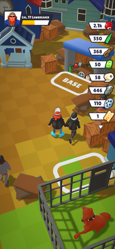 Street Dude - Homeless Empire - A top-down gameplay screenshot of Street Dude Homeless Empire showing a level 17 character near a base with various resource counters