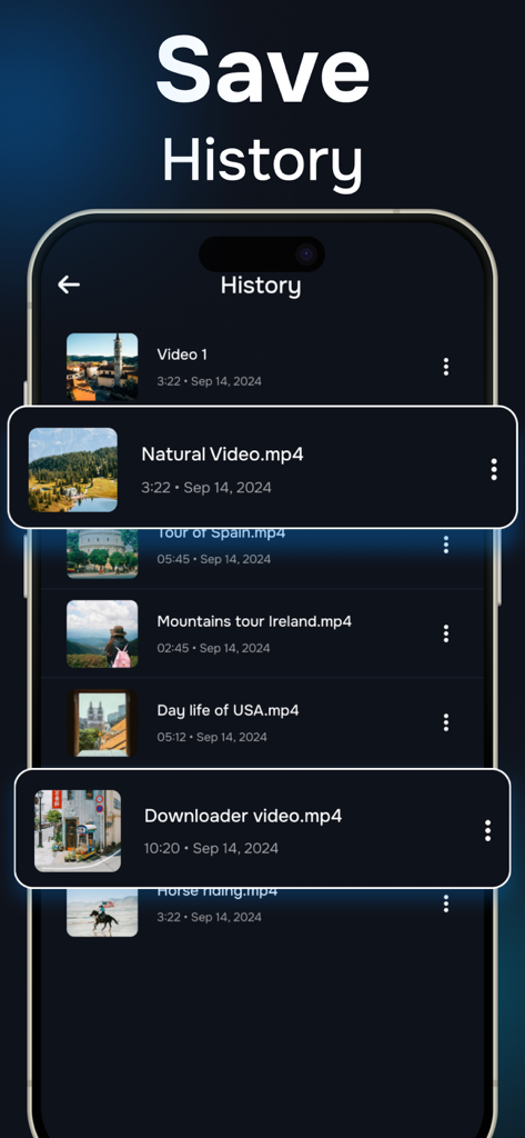 Video Downloader - HD Download - Pantalla de smartphone que muestra el historial de videos guardados y procesados en la aplicación Video Downloader.