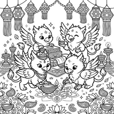 Join four charming griffin hatchlings as they immerse themselves in the joyous spirit of Diwali, surrounded by traditional decorations and glowing diyas. This enchanting coloring page captures the excitement of the Festival of Lights, perfect for igniting your creativity.