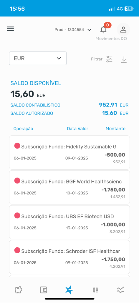 Banco Invest app screen showing account balance and investment fund transactions in Euro