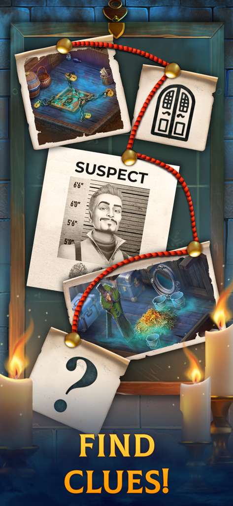 Clockmaker: Match 3 Puzzles - Tablero de investigación de misterio con la foto de un sospechoso y pistas ocultas en el juego Clockmaker.