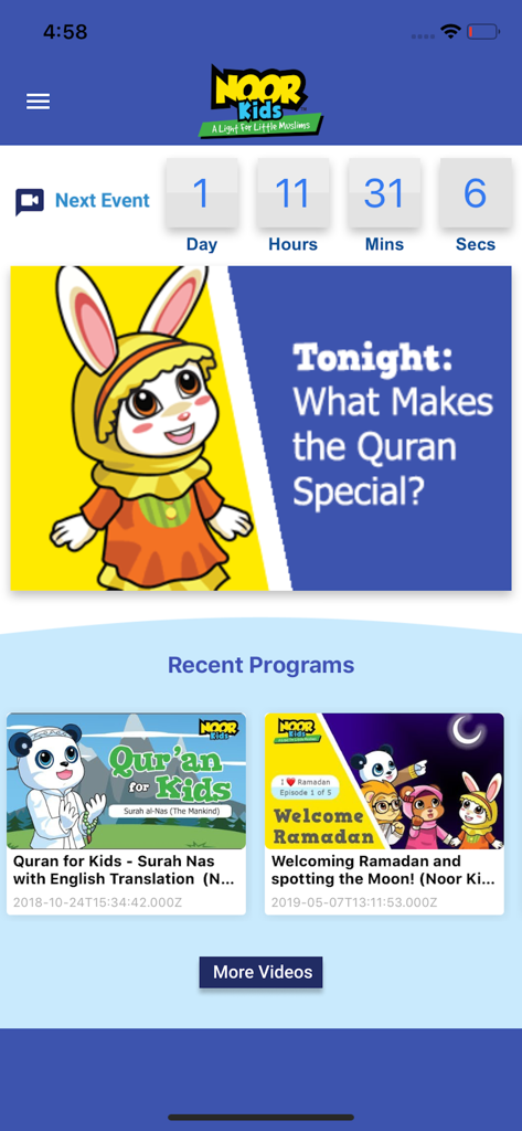 Noor Kids - Noor Kids app interface featuring Islamic educational videos and a countdown to the next live event