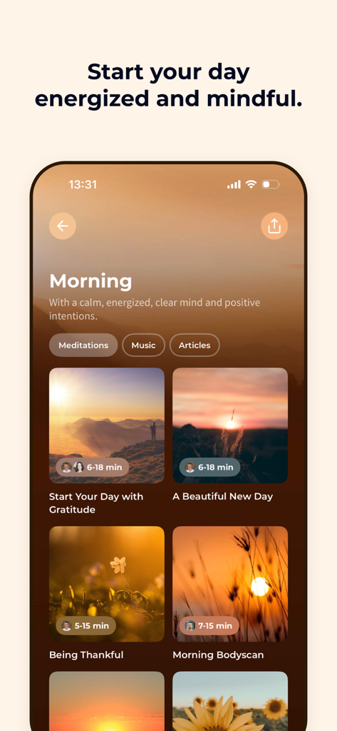 Meditation Moments - Guided - 瞑想の時間アプリのインターフェース。朝のマインドフルネスと感謝のセッションを表示