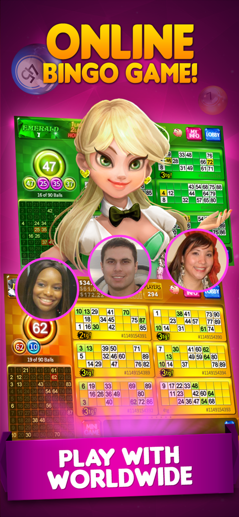Bingo 90 Live : Vegas Slots - Online bingo game interface with a blonde mascot and profile photos of diverse global players