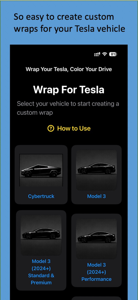 Wrap For Tesla - Selection screen in the Wrap For Tesla app showing vehicle models like Cybertruck and Model 3.