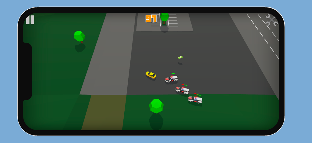 Rota de Fuga - Top down view of a yellow car being chased by three police cars in an arcade racing game