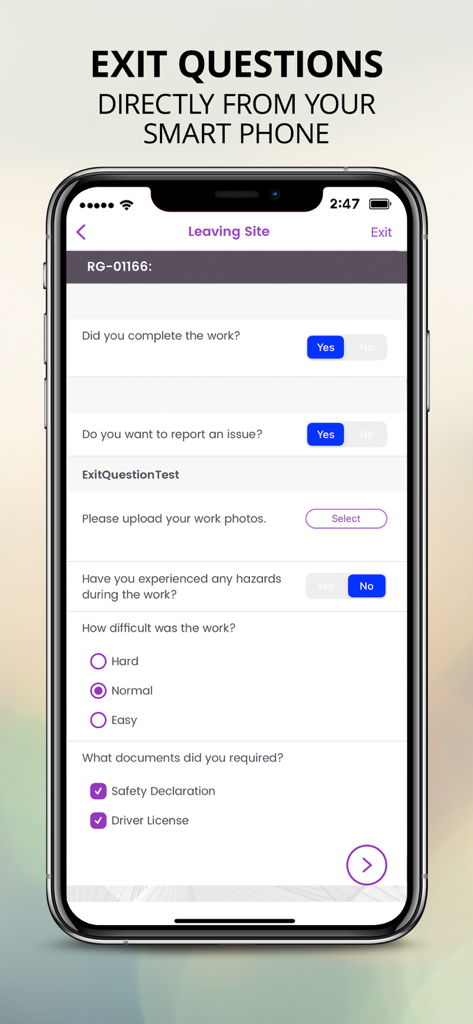 Rapid Access - Smartphone screen displaying site exit questions and work photo upload in the Rapid Access app