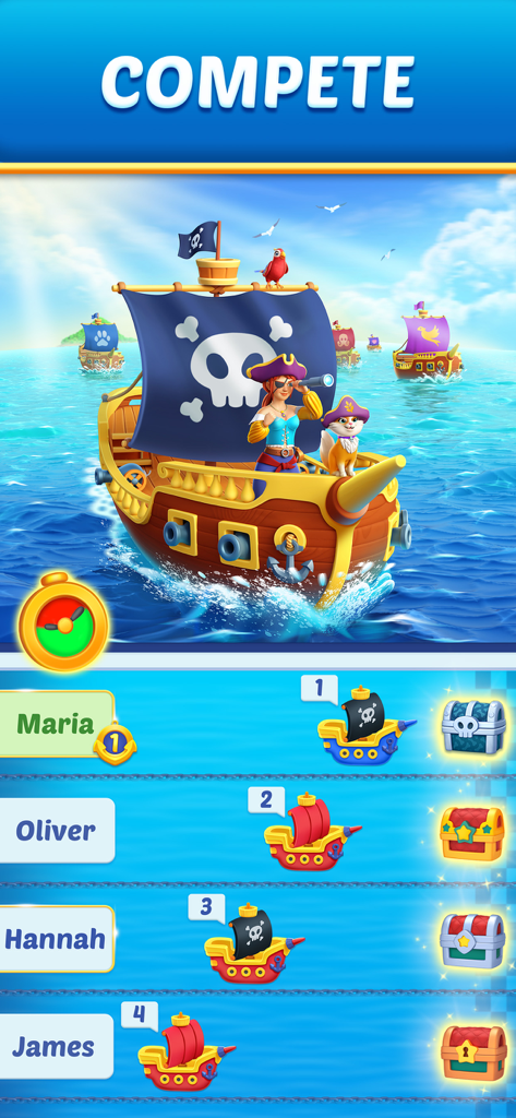Fiona standing on a pirate ship in a competitive race event leaderboard