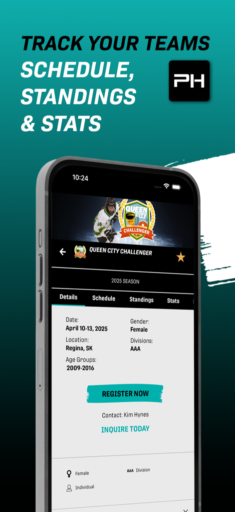 Play Hockey - Smartphone screen showing the Play Hockey app with tournament details for schedules standings and stats tracking