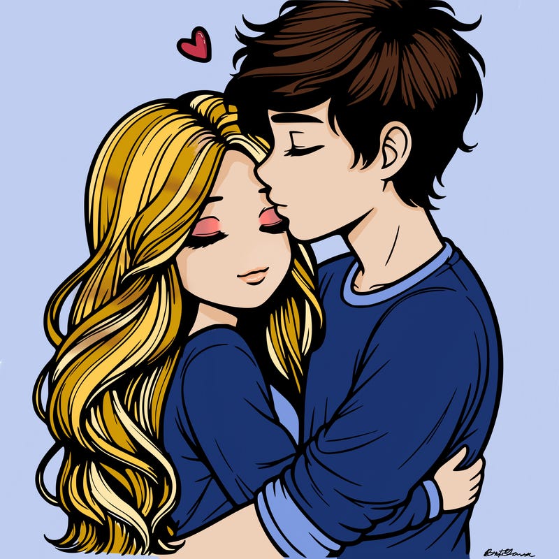 a realistic couple boy and girl hugging and kissing