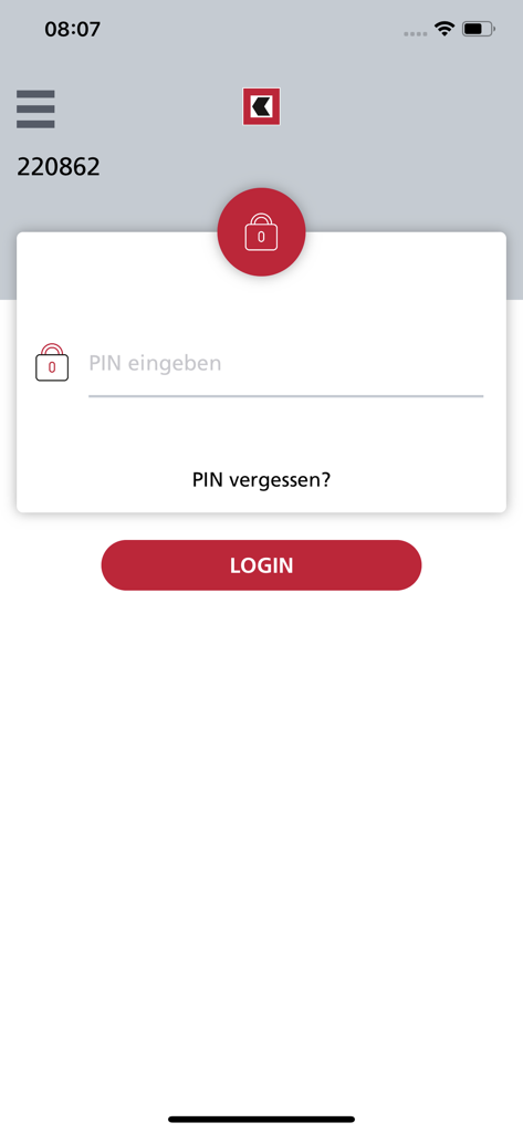 BEKB smartLogin app interface showing the PIN entry field and login button