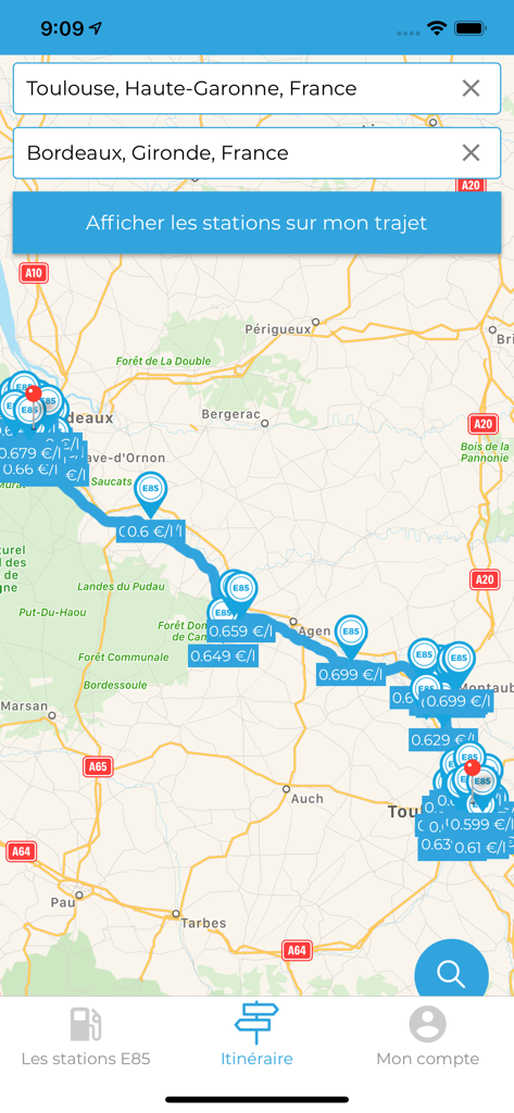 Mes Stations E85 3.0 - Kartenansicht, die E85-Tankstellen und Preise entlang einer geplanten Route anzeigt