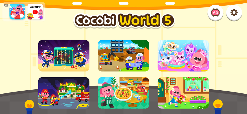 Menú principal de la app Cocobi World 5 mostrando seis diversos minijuegos educativos para niños.