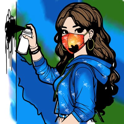 realistic girl with mask spray painting a wall