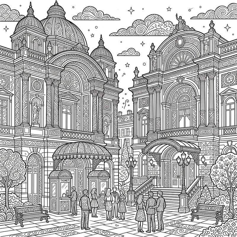 Step into a world of architectural splendor with this captivating Zentangle coloring page featuring magnificent theaters. Each building is adorned with intricate patterns, offering a unique and meditative artistic challenge.