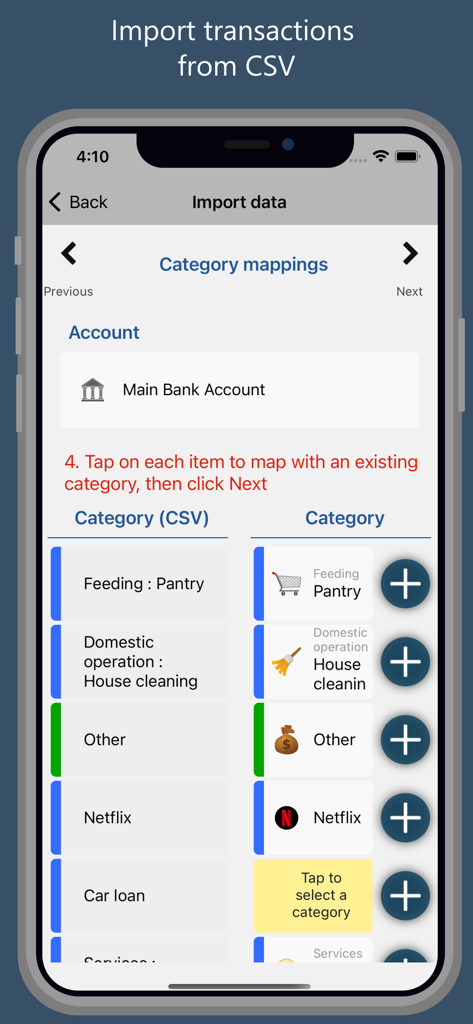 Pantalla de la aplicación Homeasy que muestra cómo mapear categorías de transacciones al importar desde CSV