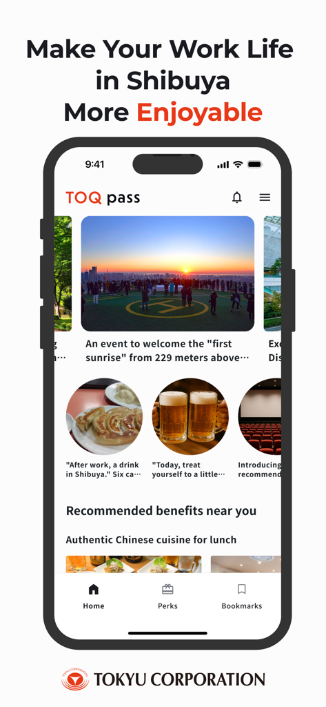 Shibuya TOQ Pass - Shibuya TOQ Pass mobile app home screen showing local events and employee perks
