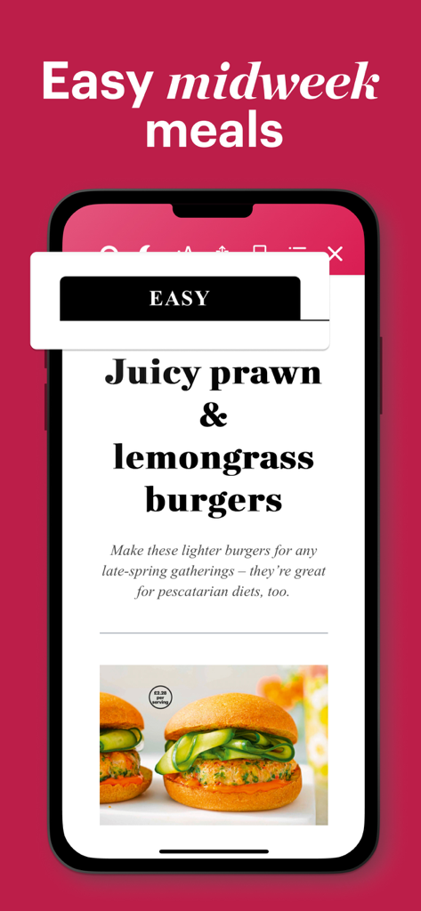 Capture d'écran de l'application Good Food Magazine montrant une recette de burgers aux crevettes et à la citronnelle