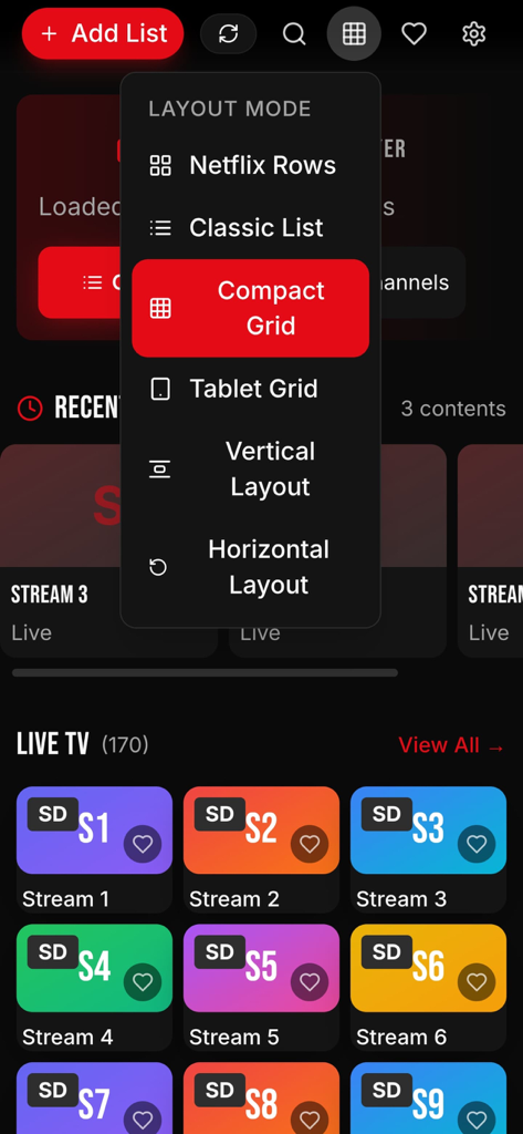 StreamFlix IPTV - Menu di selezione modalità layout nell'app StreamFlix IPTV che mostra varie impostazioni di visualizzazione