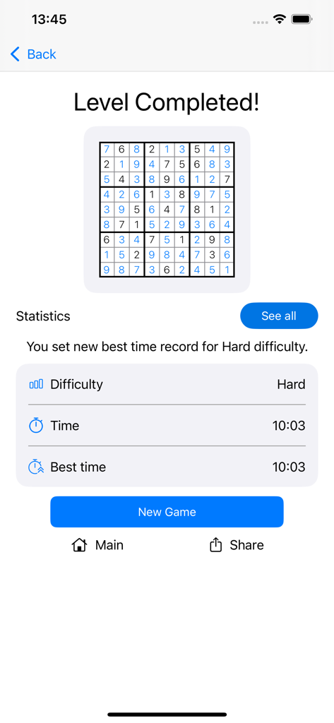 Sudoku: Daily Number Puzzle - Una pantalla de puzzle Sudoku de nivel difícil completado que muestra estadísticas del juego y tiempo de finalización