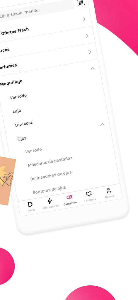 Perfumerías DRUNI - Druni app screen displaying makeup categories and eye cosmetic options