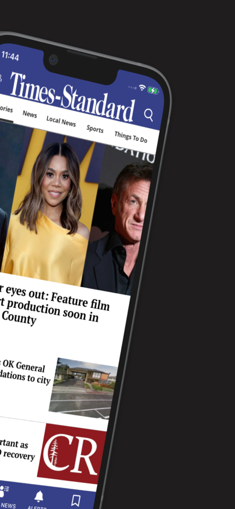 Eureka Times Standard - Eureka Times-Standard Nachrichten-App-Oberfläche, die lokale Schlagzeilen und eine Navigationsleiste auf einem Smartphone anzeigt