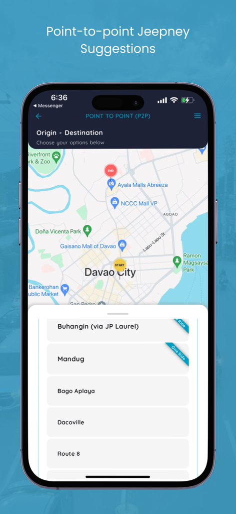 Davao Commuters - Davao Commuters app interface showing point to point jeepney route suggestions and a city map of Davao
