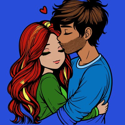 a realistic couple boy and girl hugging and kissing