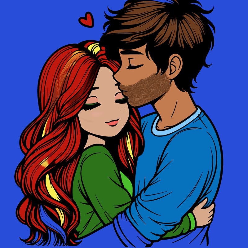 a realistic couple boy and girl hugging and kissing