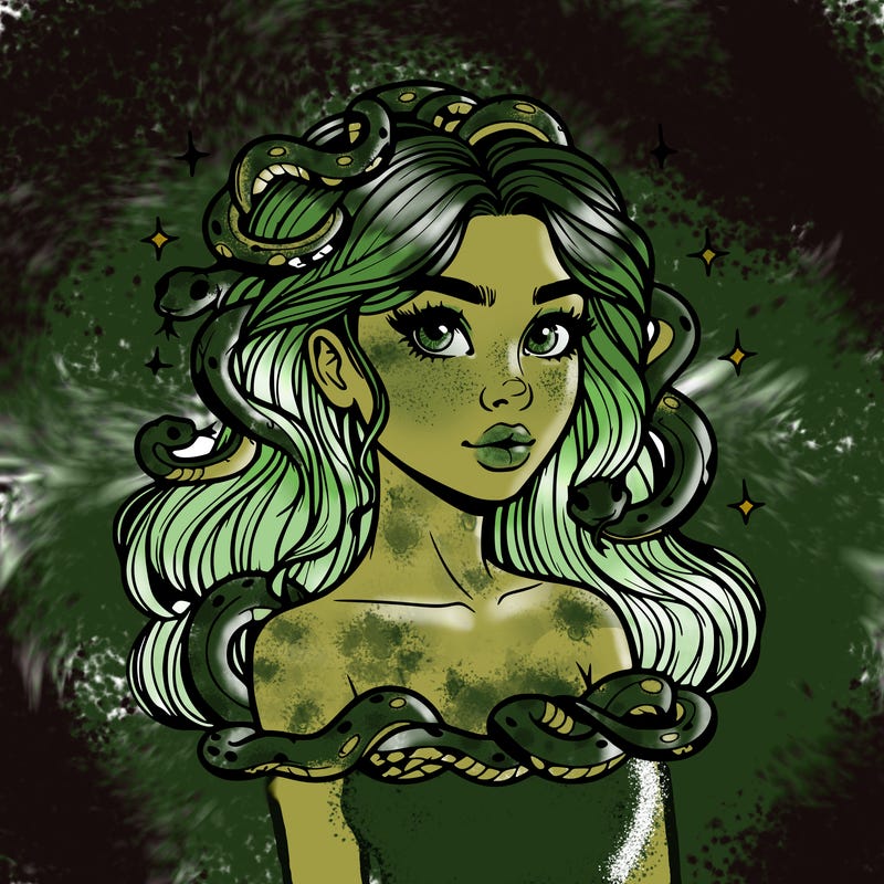 realistic girl with snakes as hair