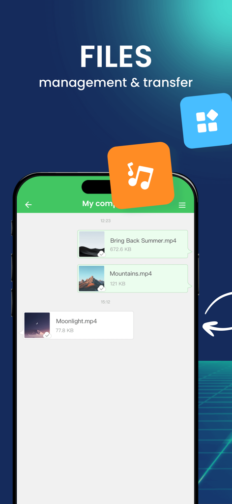 AirDroid mobile app interface displaying video file management and transfer functionality