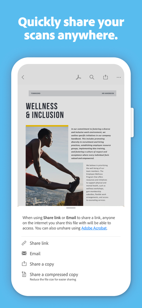 스캔한 PDF에 대한 링크 공유 및 이메일과 같은 문서 공유 옵션을 보여주는 Adobe Scan 모바일 앱 인터페이스