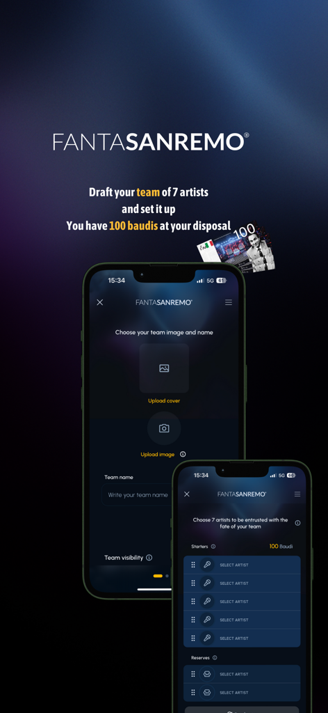 FantaSanremo - Interfaz de la aplicación FantaSanremo para crear un equipo de 7 artistas utilizando la moneda 100 Baudi.