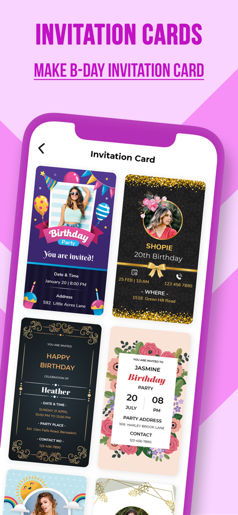 Bday Video Maker, Wishes, Card - Smartphone screen showing a selection of customizable birthday invitation card templates with photos and event details