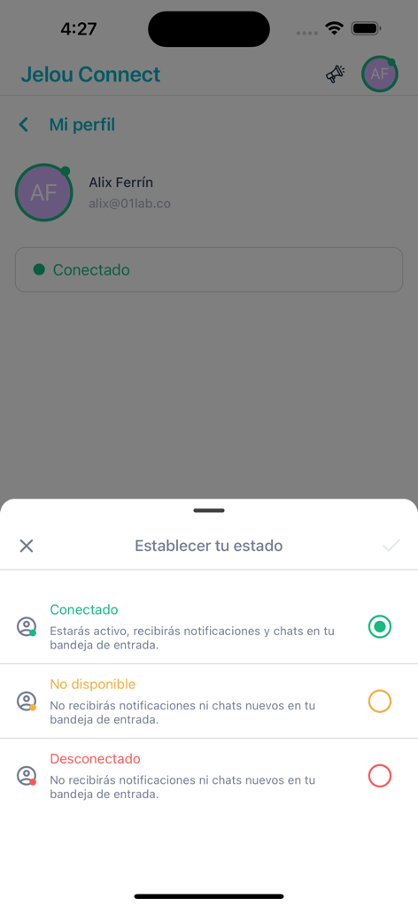 Jelou Connect - Interface of the Jelou Connect app showing the user profile and options to set availability status