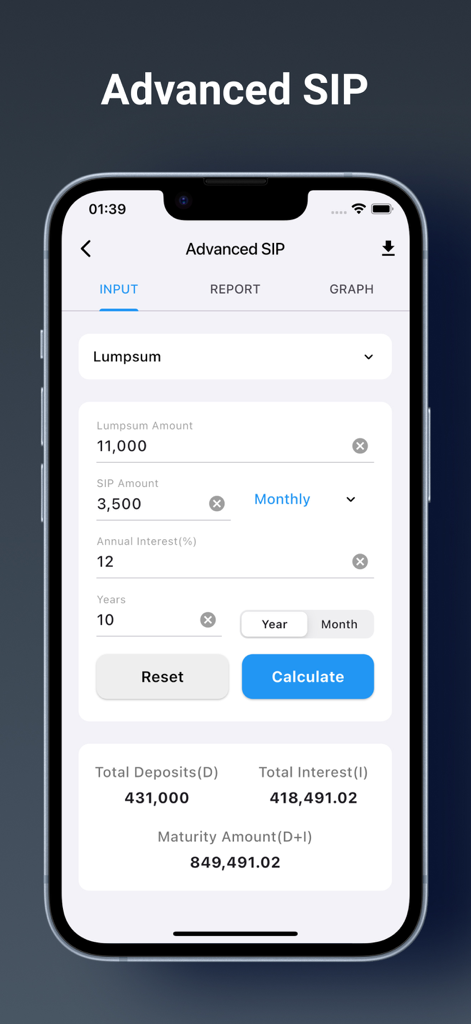 Financial Calculator Loan, SIP - Interfaz avanzada de calculadora SIP que muestra las entradas de inversión para montos únicos y mensuales con resultados de madurez proyectados