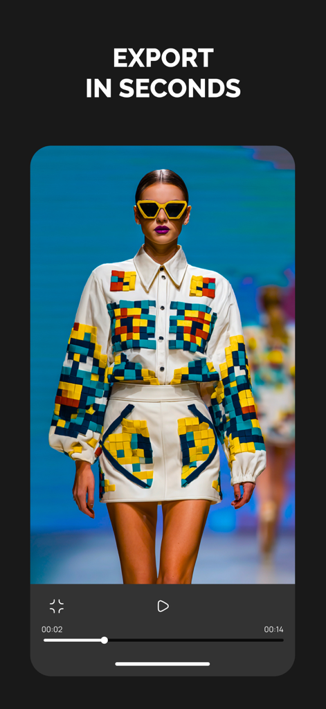 QuickMovie: Auto Video Editor - QuickMovie app screenshot showing a fashion video preview and export in seconds text