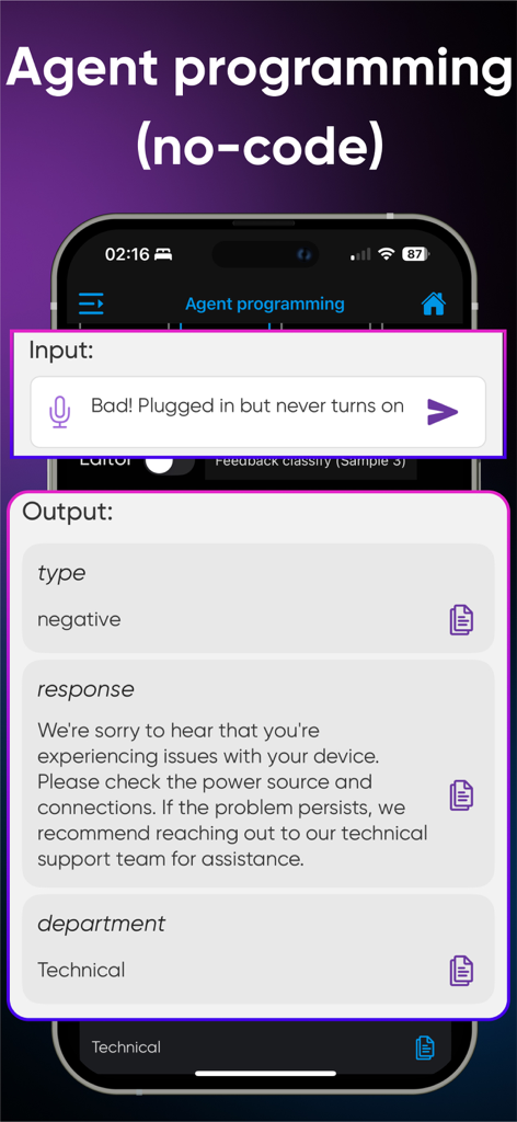 AI Hub: 50+ Open Source LLM - Interface showing a no-code AI agent programming tool classifying customer feedback into categories and responses.