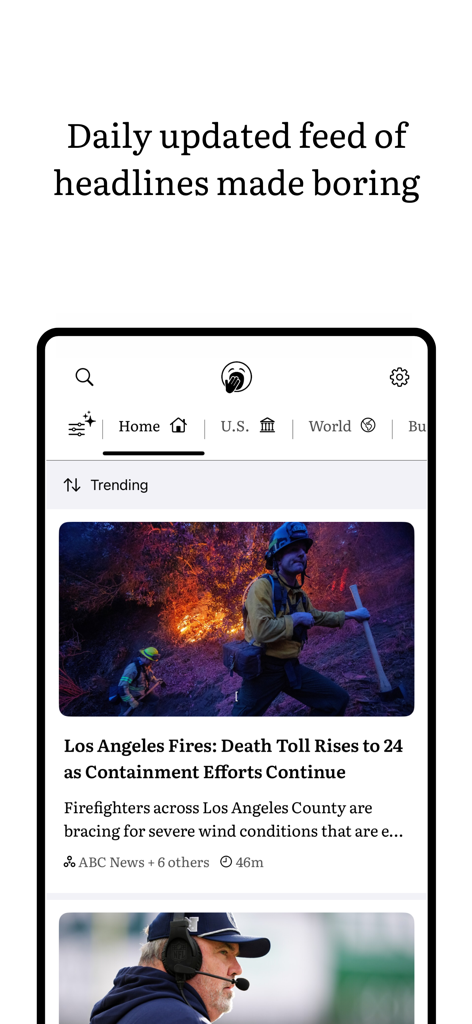 Boring Report: Unbiased News - The Boring Report app interface showing a neutral news feed with a headline about Los Angeles fires